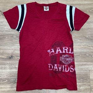 Harley-Davidson Red V-Neck Short Sleeve Tee with Black & White Sleeve Stripes